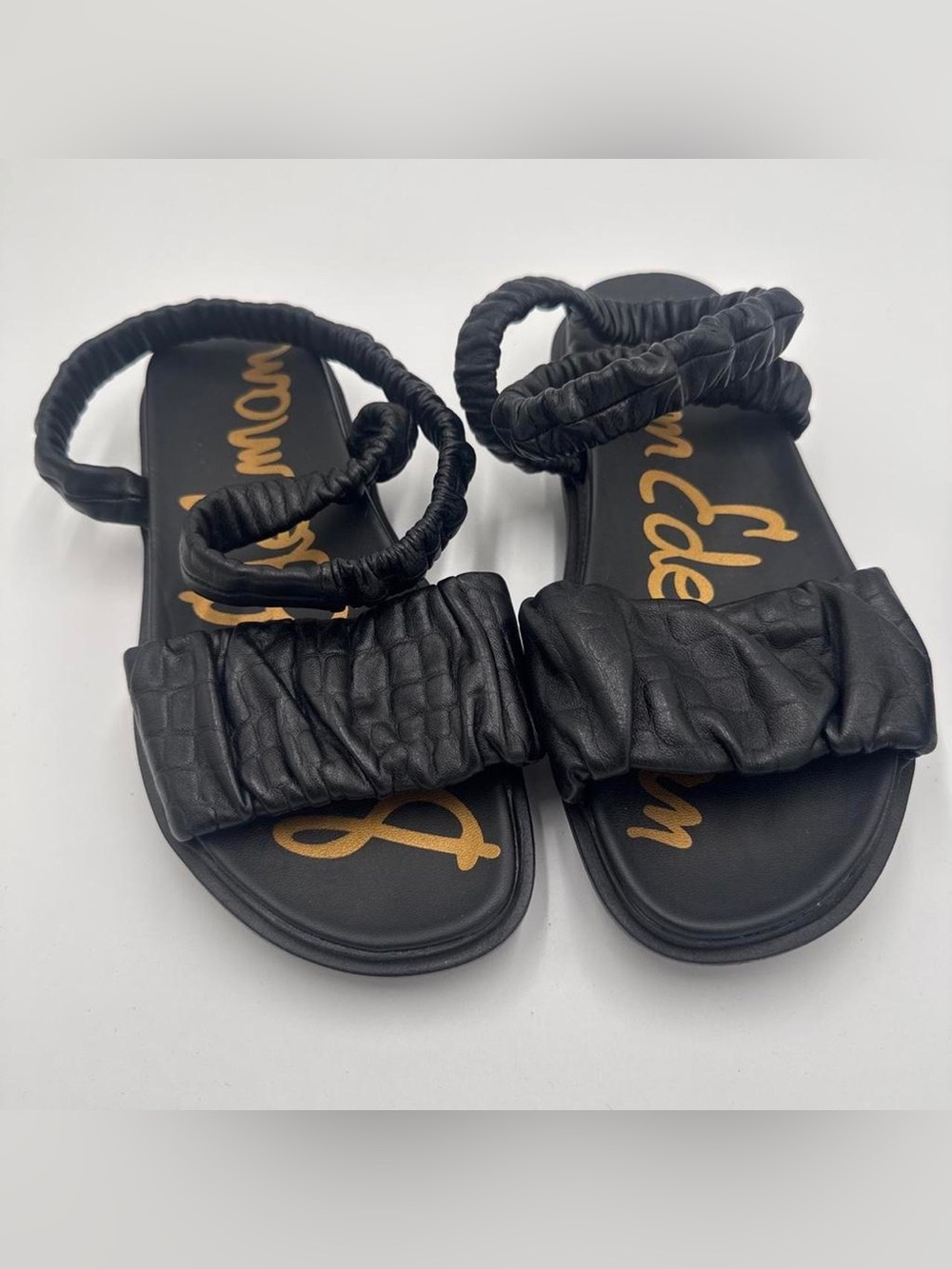 Sz 8.5 Black Ruched Strap Flat Sandals - Sam Edelman